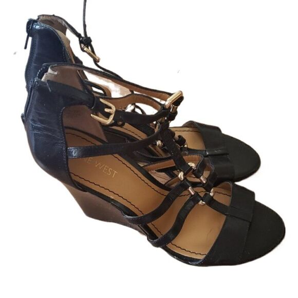 Nine West Magdalena, Dressy Leather Gladiator Back Zip Wedge Heels Size 6 1/2" M - Picture 3 of 5